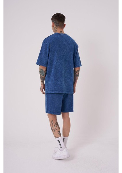 Erkek Luxury Yıkamalı Basic Relaxed Indigo Spotted Tişört