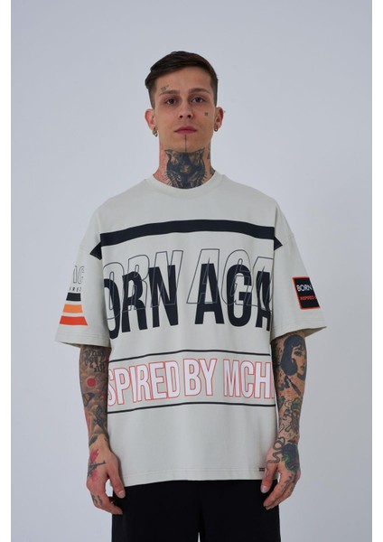 Erkek Inspired By Machinist Baskılı Oversize Gri Tişört