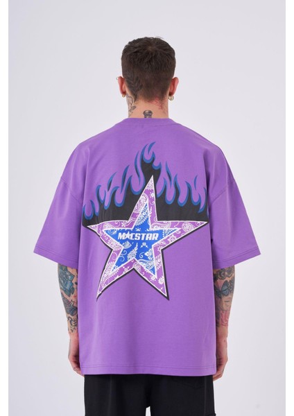 Erkek Macstar Flame Baskılı Oversize Mor Tişört