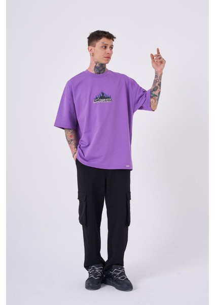 Erkek Macstar Flame Baskılı Oversize Mor Tişört