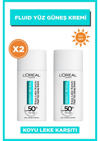 L'oréal Paris 2'li Bright Reveal Spf 50+ Koyu Leke Karşıtı Fluid Günlük Yüz Güneş Kremi 50ML