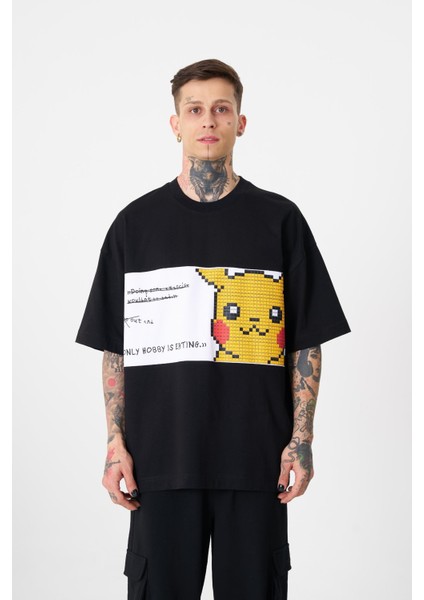 Erkek Pikachu Baskılı Oversize Siyah Tişört