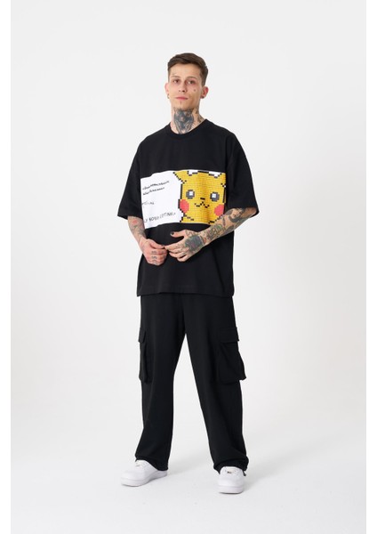 Erkek Pikachu Baskılı Oversize Siyah Tişört