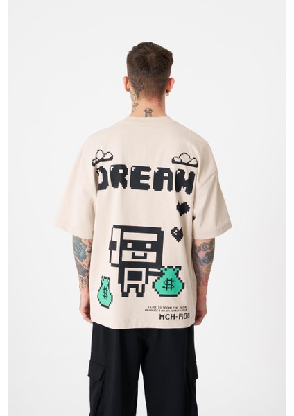 Erkek Dream Rob Baskılı Oversize Açık Bej Tişört