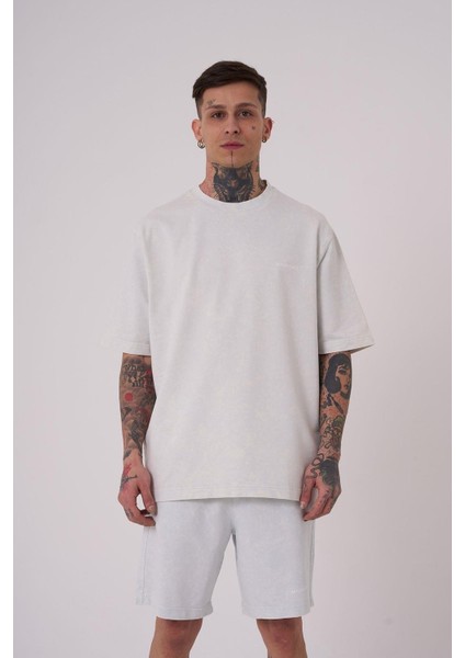 Erkek Luxury Yıkamalı Basic Relaxed Gri Spotted Tişört