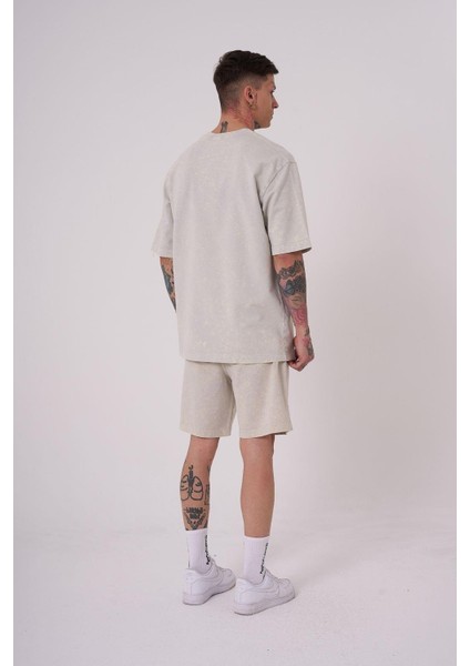 Erkek Luxury Yıkamalı Basic Relaxed Açık Bej Spotted Tişört