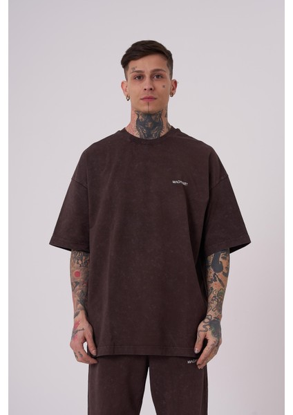Erkek Luxury Yıkamalı Basic Oversize Kahverengi Cloudy Tişört