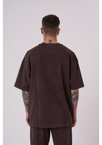 Erkek Luxury Yıkamalı Basic Oversize Kahverengi Cloudy Tişört