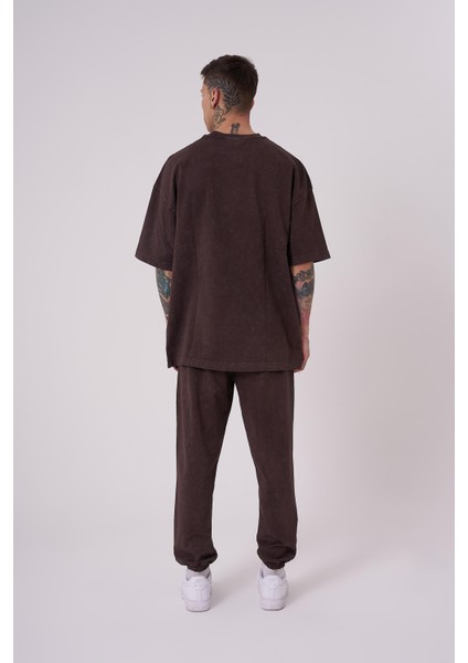 Erkek Luxury Yıkamalı Basic Oversize Kahverengi Cloudy Tişört