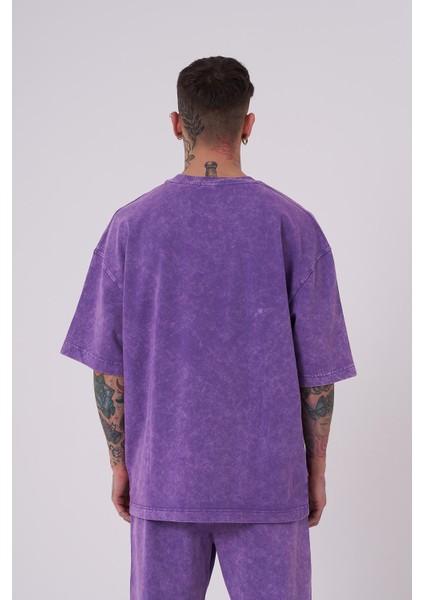 Erkek Luxury Yıkamalı Basic Oversize Mor Spotted Tişört