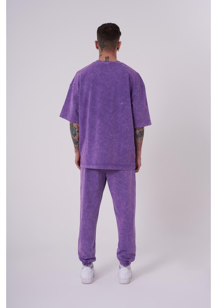 Erkek Luxury Yıkamalı Basic Oversize Mor Spotted Tişört