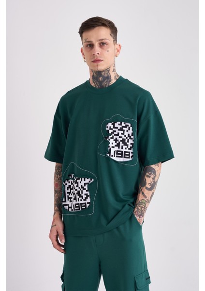 Erkek Dama Patch Oversize Petrol Yeşili Tişört
