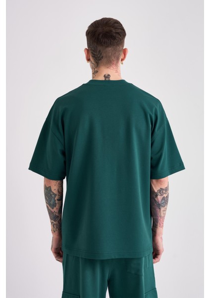 Erkek Dama Patch Oversize Petrol Yeşili Tişört