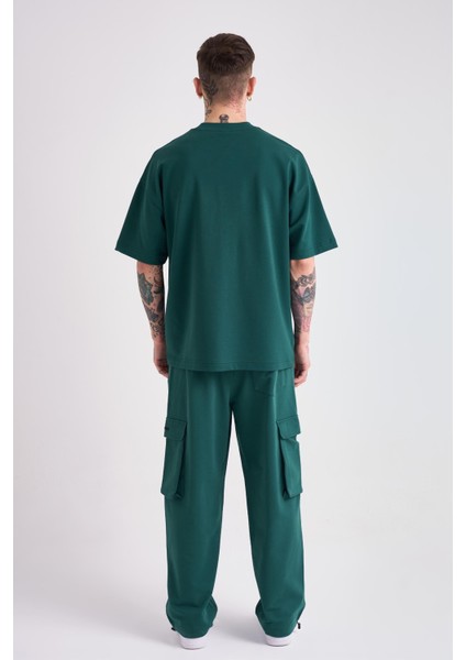 Erkek Dama Patch Oversize Petrol Yeşili Tişört