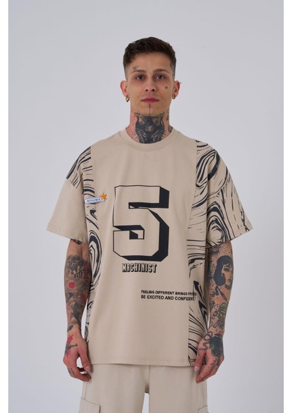 Erkek Number 5 Baskılı Oversize Açık Bej Tişört
