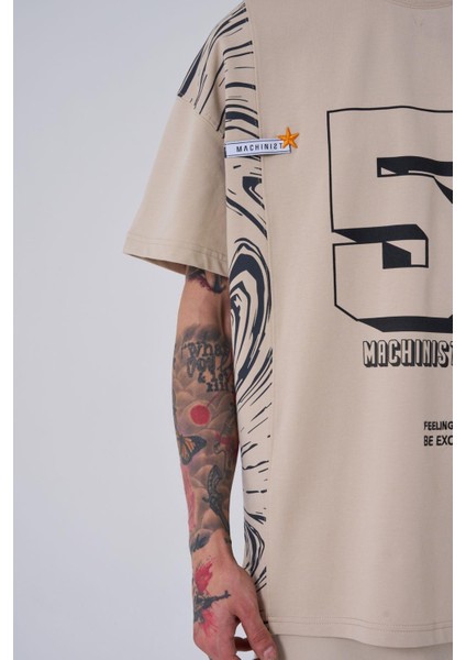 Erkek Number 5 Baskılı Oversize Açık Bej Tişört