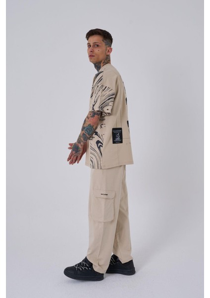 Erkek Number 5 Baskılı Oversize Açık Bej Tişört