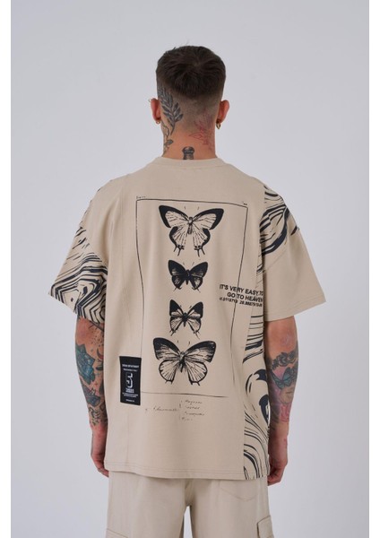 Erkek Number 5 Baskılı Oversize Açık Bej Tişört