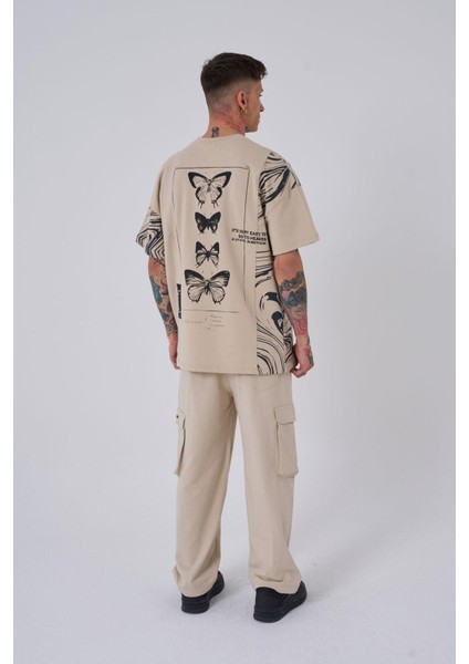 Erkek Number 5 Baskılı Oversize Açık Bej Tişört