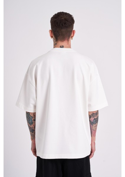 Erkek Sneaking Roses Nakışlı Oversize Ekru Tişört