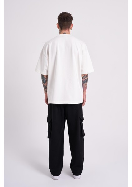 Erkek Sneaking Roses Nakışlı Oversize Ekru Tişört