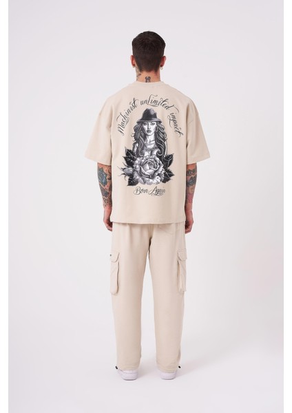 Erkek Rose Baskılı Oversize Açık Bej Tişört fırsatları