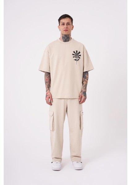 Erkek Rose Baskılı Oversize Açık Bej Tişört