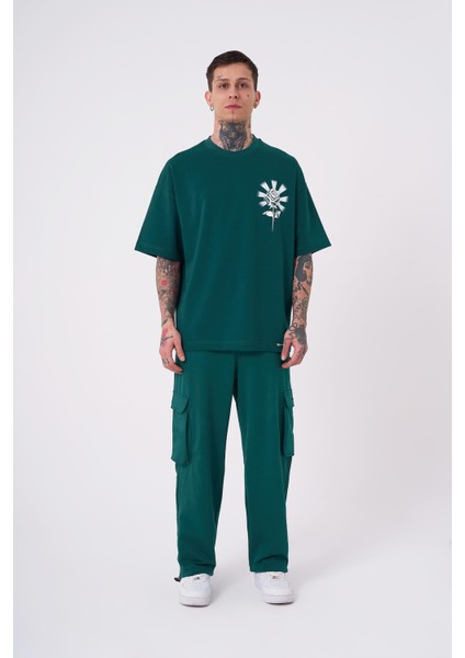 Erkek Rose Baskılı Oversize Petrol Yeşili Tişört