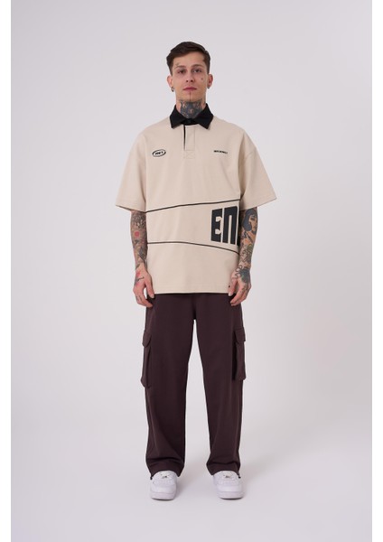 Erkek Endless Baskılı Polo Yaka Açık Bej Tişört