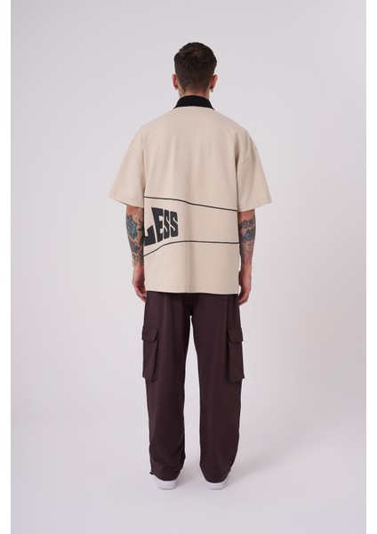 Erkek Endless Baskılı Polo Yaka Açık Bej Tişört