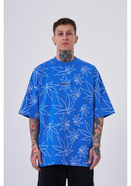 Erkek Cannabis Leaf Baskılı Oversize Açık Mavi Tişört
