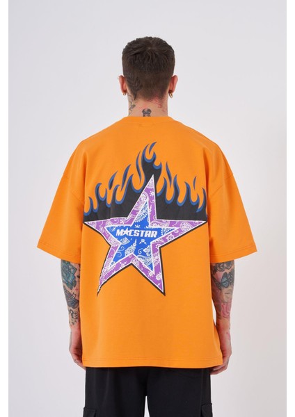 Erkek Macstar Flame Baskılı Oversize Turuncu Tişört