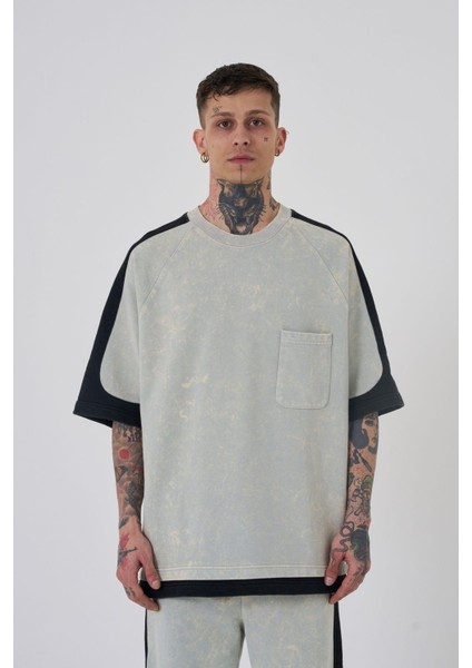 Erkek Contrast Yıkamalı Oversize Açık Bej Spotted Tişört