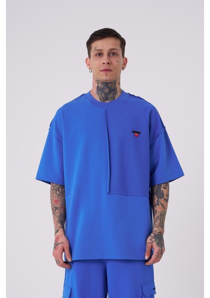 Erkek Reverse Sttich Baskılı Oversize Açık Mavi Tişört