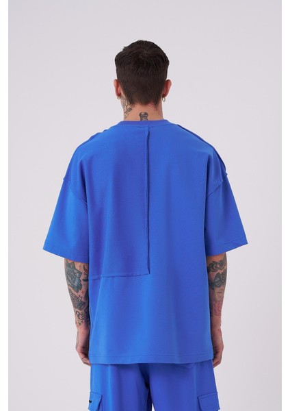 Erkek Reverse Sttich Baskılı Oversize Açık Mavi Tişört