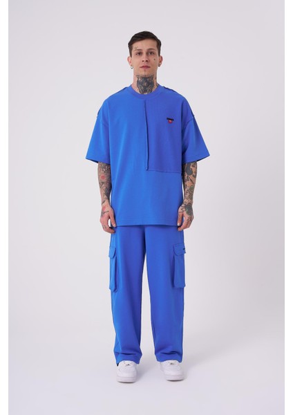 Erkek Reverse Sttich Baskılı Oversize Açık Mavi Tişört