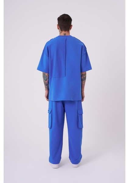Erkek Reverse Sttich Baskılı Oversize Açık Mavi Tişört