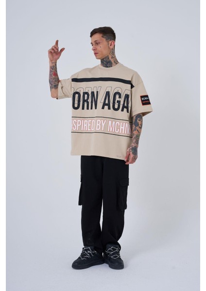 Erkek Inspired By Machinist Baskılı Oversize Açık Bej Tişört