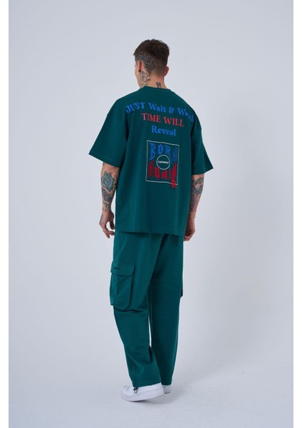 Erkek Just Wait Baskılı Oversize Petrol Yeşili Tişört