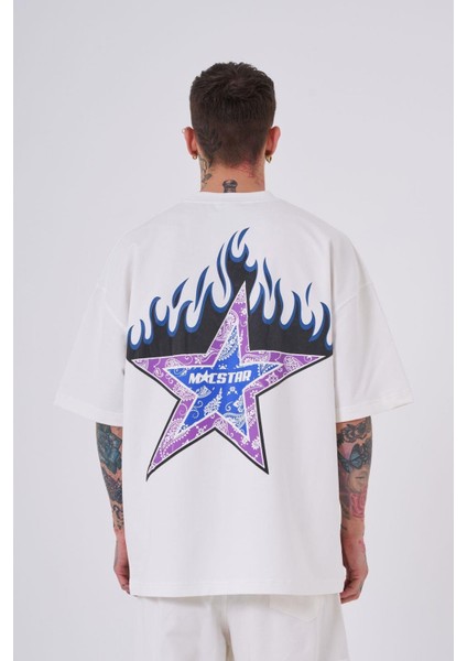 Erkek Macstar Flame Baskılı Oversize Ekru Tişört