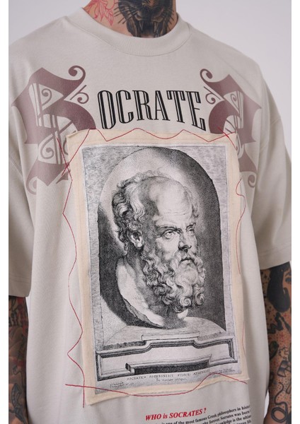 Erkek Premium Death Of Socrates Oversize Gri Tişört
