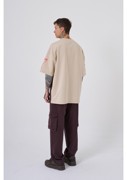 Erkek 87 Sea Shells Baskılı Oversize Açık Bej Kahverengi Tişört modelleri