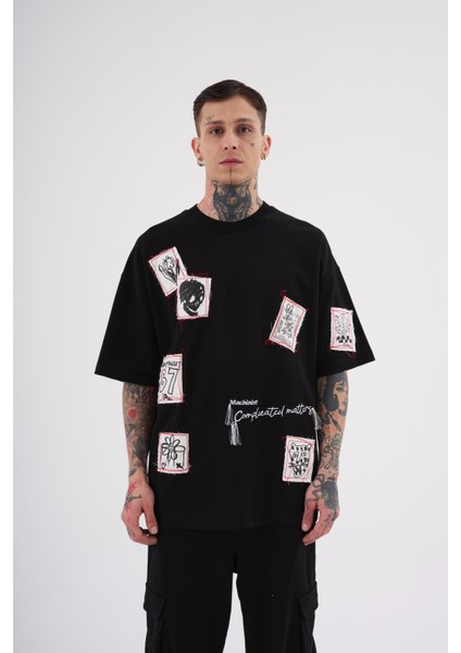 Erkek Printed Patched Baskılı Oversize Siyah Tişört