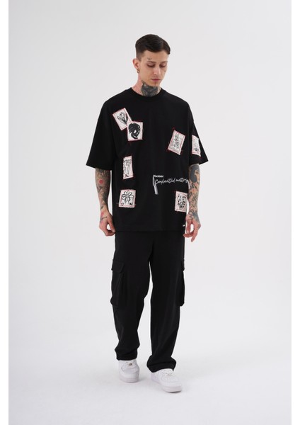 Erkek Printed Patched Baskılı Oversize Siyah Tişört fırsatları