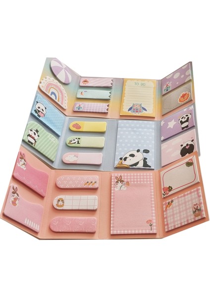Panda Baykuş Tavşan 3'lü Yapışkanlı Not Kağıdı Seti 8 Desenli+Spiral Sert Kapak Sonsuz Postit Defter