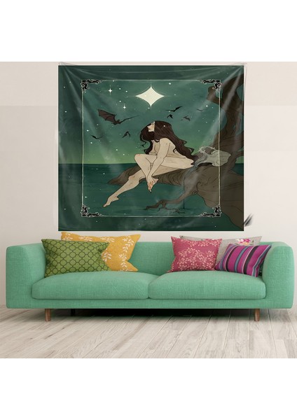 Gecede Oturan Kız Leke Tutmaz Kadife Dokulu Kumaş Duvar Örtüsü Duvar Halısı Tapestry