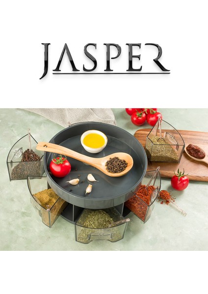 Jasper 360° Dönerli Iki Katlı Çok Amaçlı 6 Bölmeli Çekmeceli Kaşıklı Baharatlık Gıda Organizeri