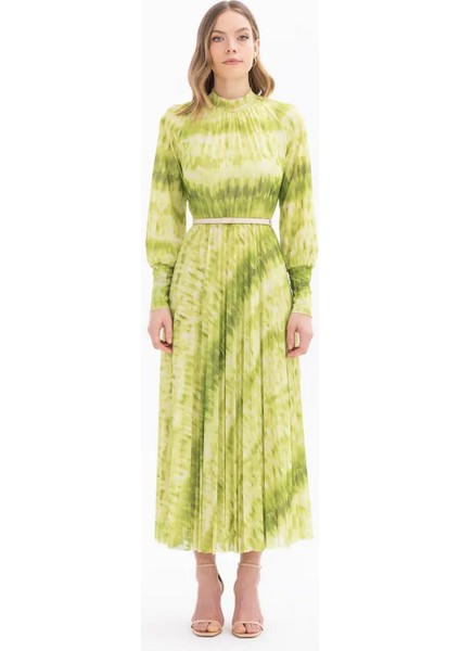 Dik Yaka Desenli Uzun Kollu Yeşil Kadın Elbise 10242104001020