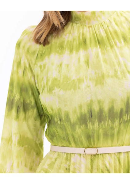 Dik Yaka Desenli Uzun Kollu Yeşil Kadın Elbise 10242104001020 fiyatları