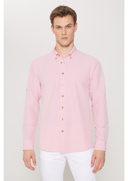 Erkek Pembe Slim Fit Dar Kesim Gofre Desenli Düğmeli Yaka Oxford Gömlek